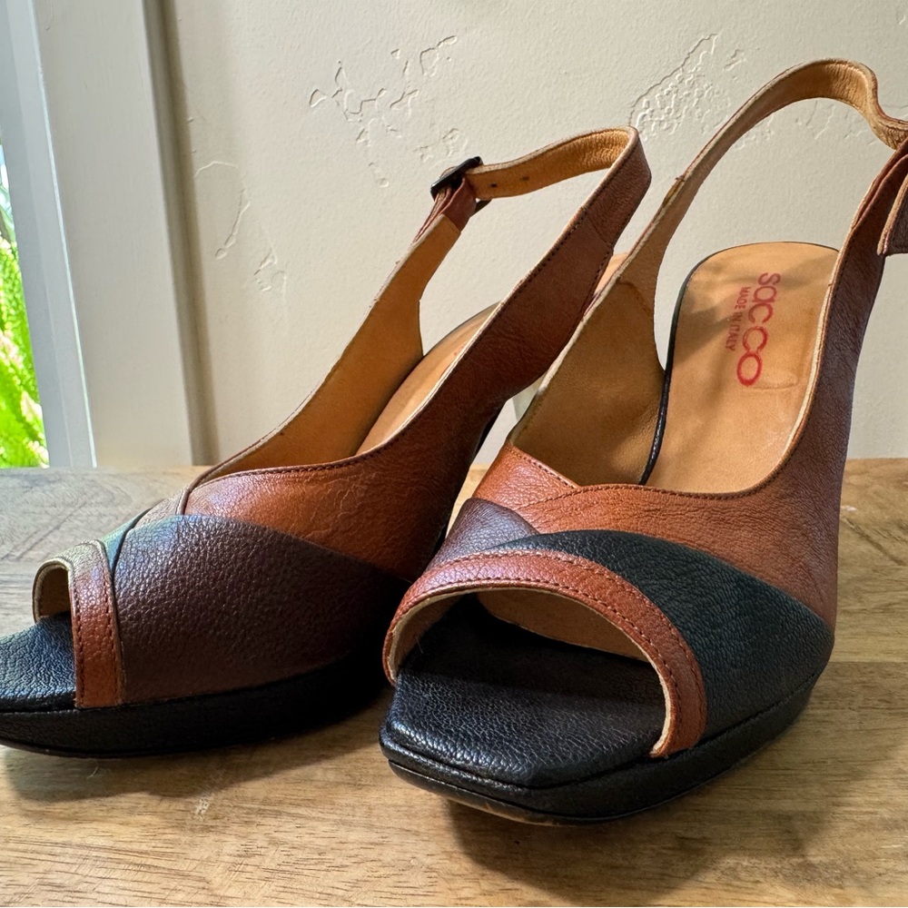 Sophisticated Brown and Black Platform Peep-Toe Heels